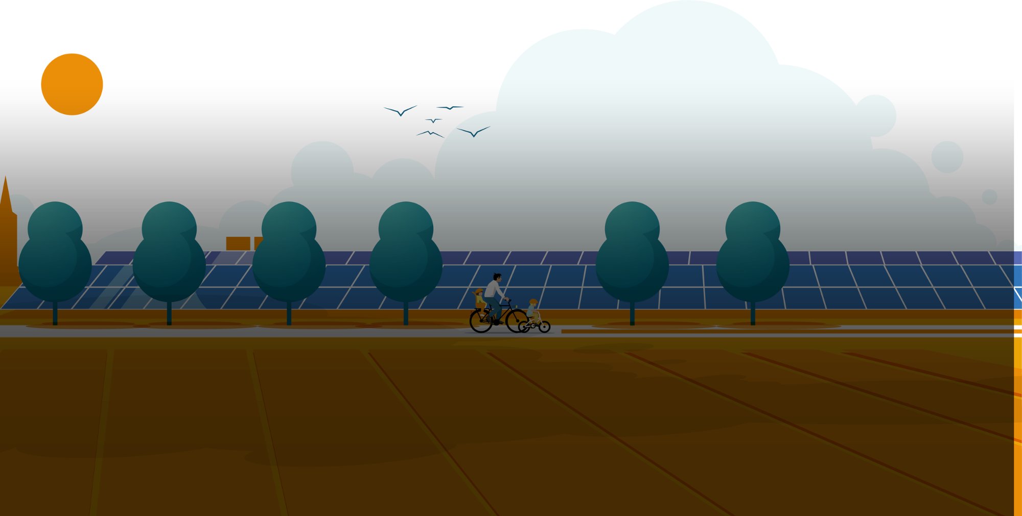 Illustratie van Meewind: een man en een kind fietsen langs een zonnepanelenveld