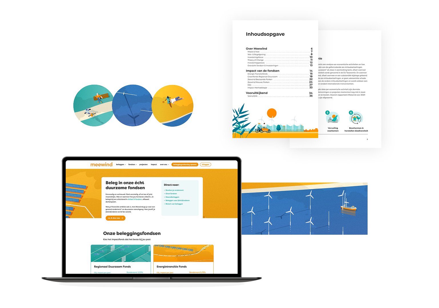 Illustraties van windturbines, iemand op de fiets in een landschap met windmolens en een laptop met de website van Meewind