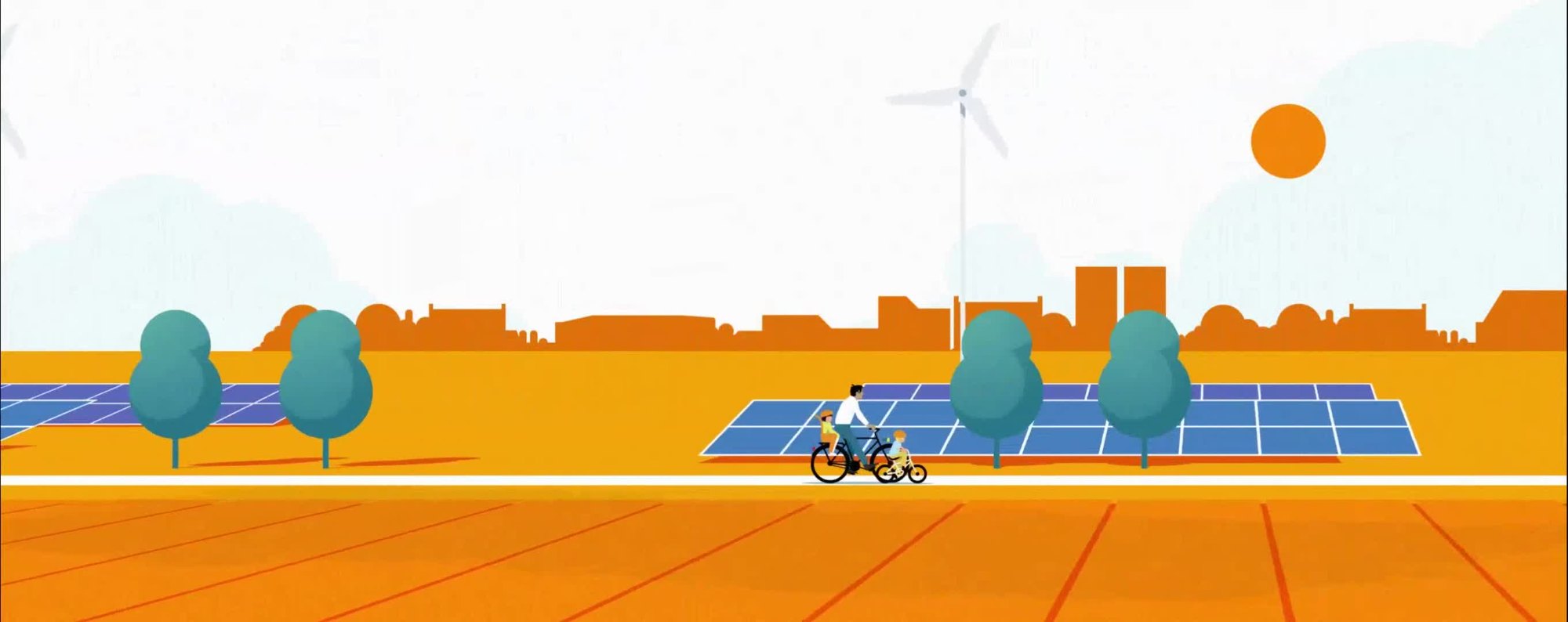 Geïllustreerd landschap van Meewind met windmolens en zonnepanelen