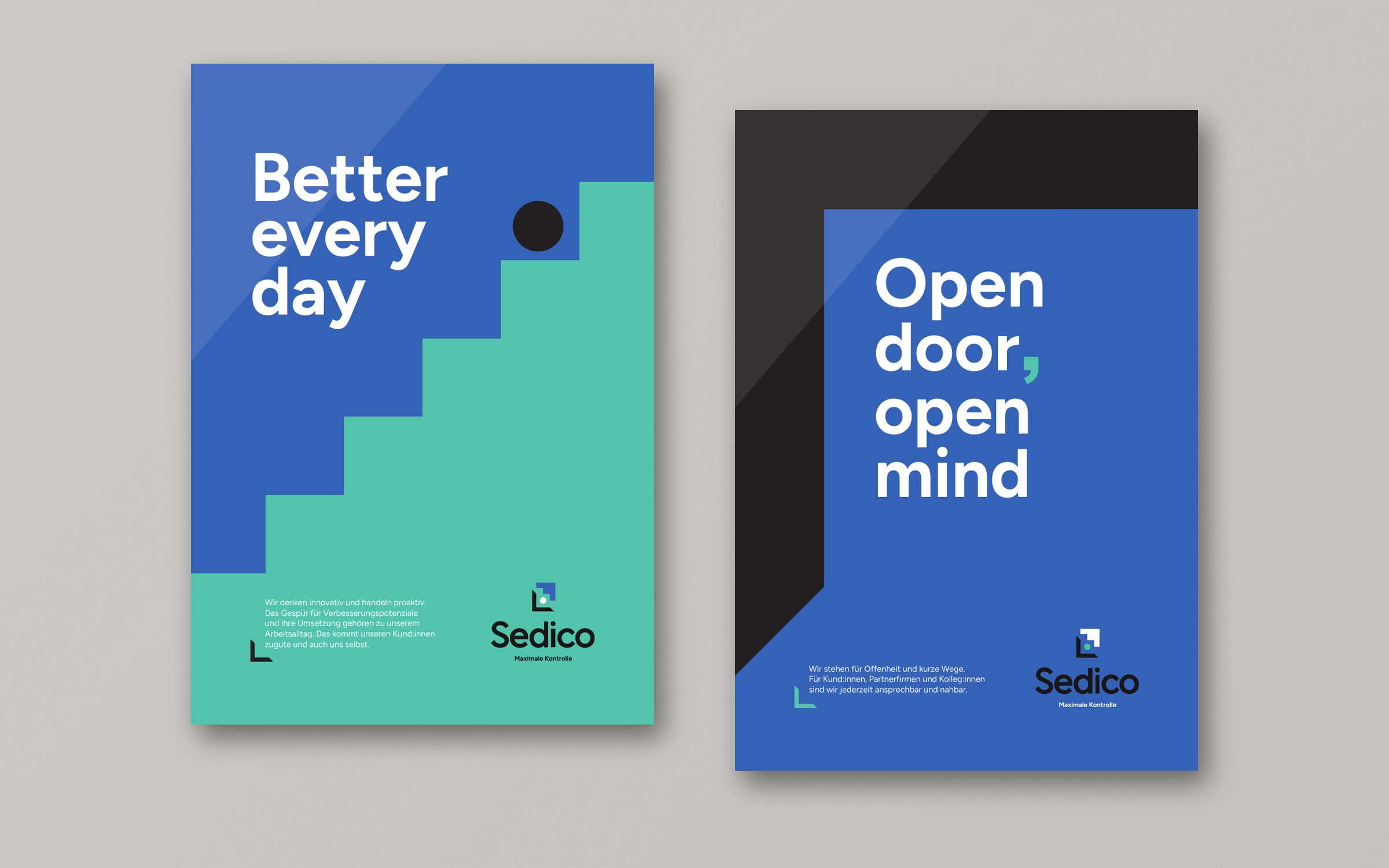 Twee posters van de interne campagne: Better every day en Open door, open mind
